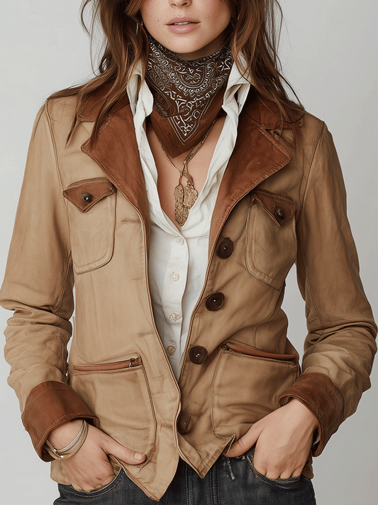 Vintage Contrast Brown Suede Multi-Pocket Utility Jacket