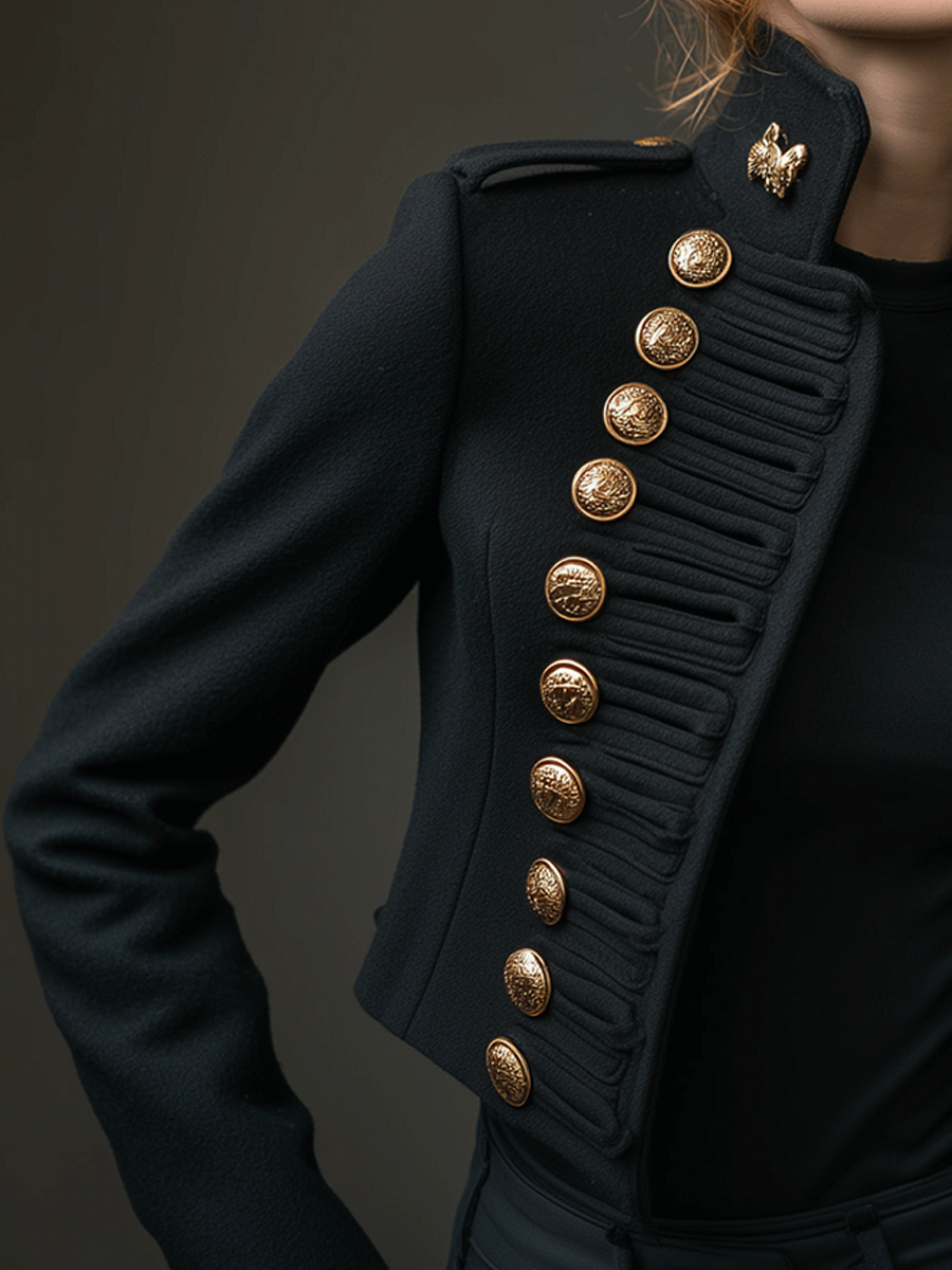 Vintage-Inspired Black Double Rows Of Gold Buttons Short Fit Jacket