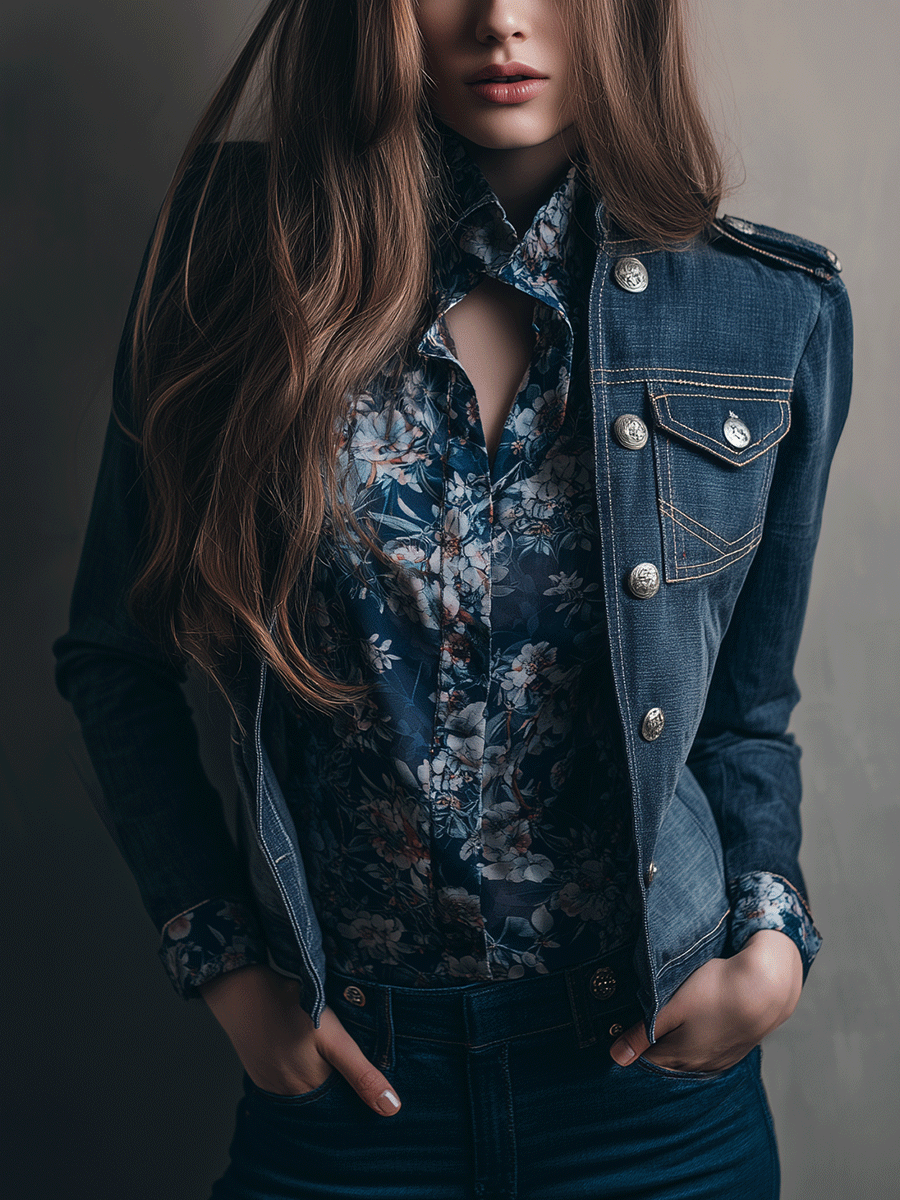 Vintage Wash Denim Military Inspired Gold Buttons Jacket