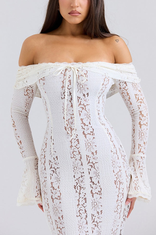 Leila® | Off Shoulder Floral Lace Flared Sleeve Fishtail Maxi Dress - White