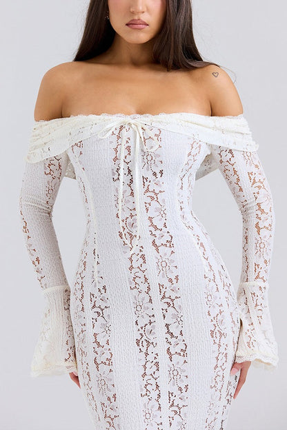 Leila® | Off Shoulder Floral Lace Flared Sleeve Fishtail Maxi Dress - White