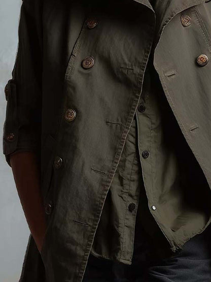 Vintage Army Green Utility Trench Coat With Double-Breasted Buttons