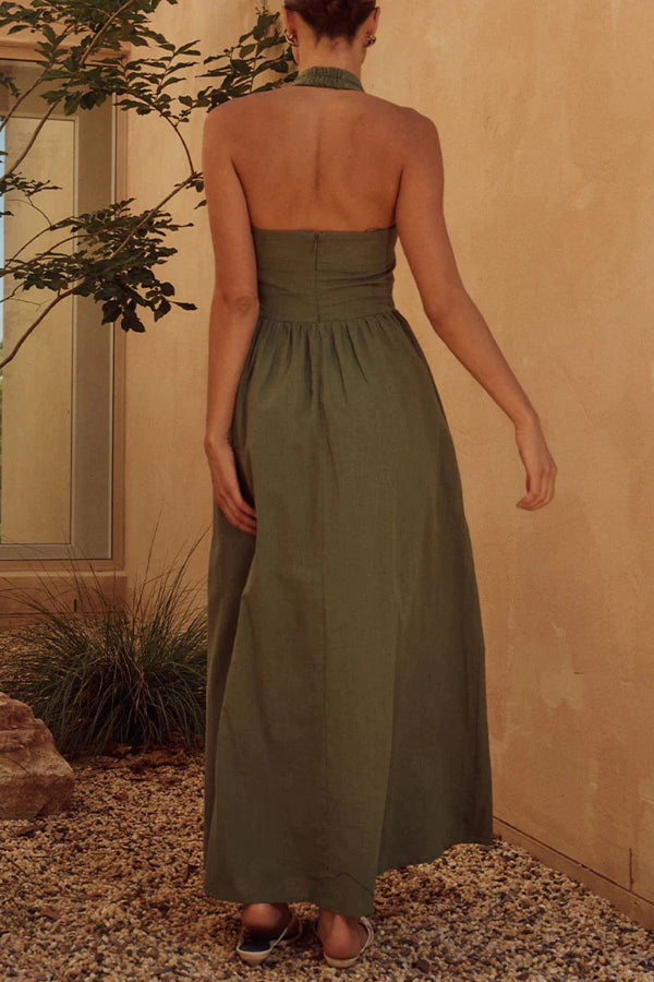 Yolaina® | Sexy plain sleeveless dresses with pocket pleats and halterneck
