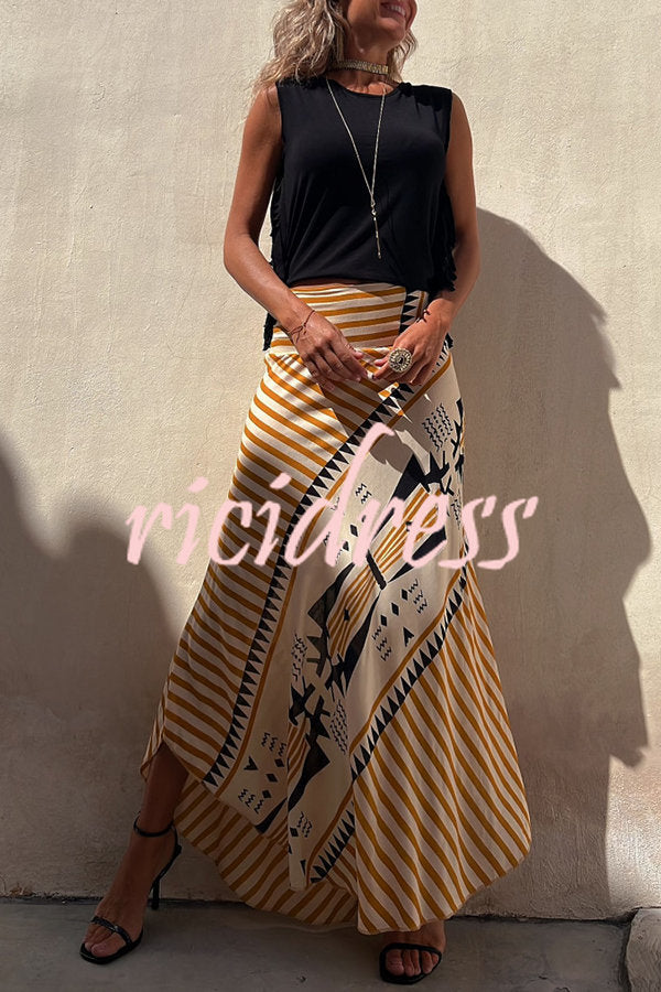 Eva Satin Geometric Print Elastic Waist Maxi Skirt