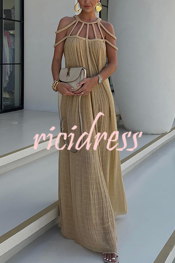 Modern and Sophisticated Linen Blend Draped Braids Cover Up Maxi Dress
