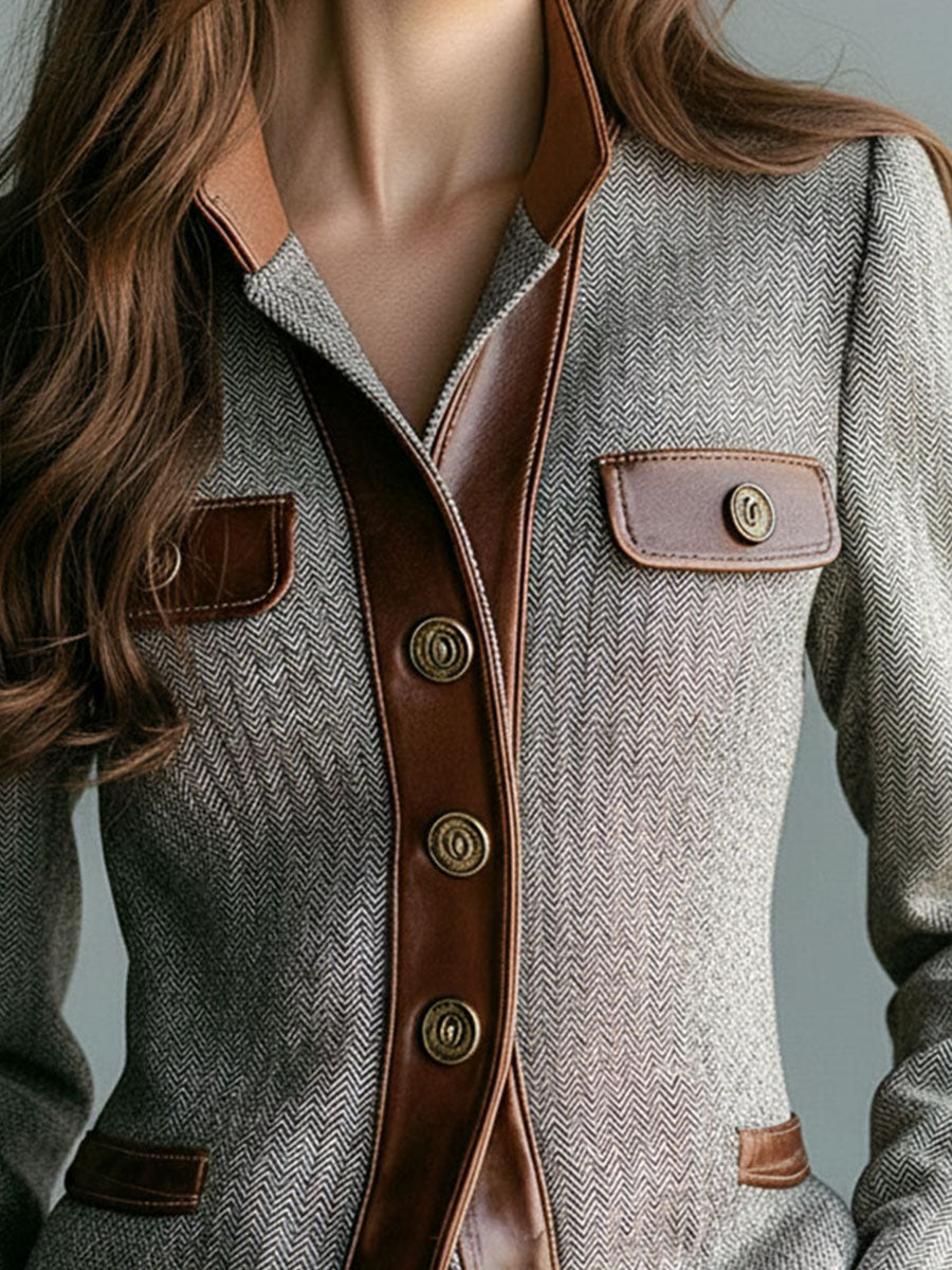 Vintage Herringbone Tailored Blazer With Eco Leather Trim