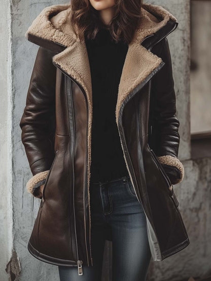 Chocolate Faux Shearling-Lined Hooded Eco-Leather Coat