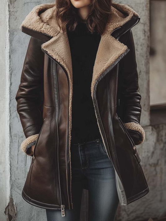 Chocolate Faux Shearling-Lined Hooded Eco-Leather Coat