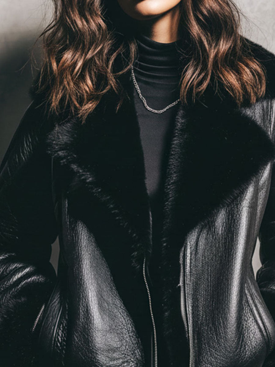 Black Eco Leather Shearling Moto Jacket With Zipper