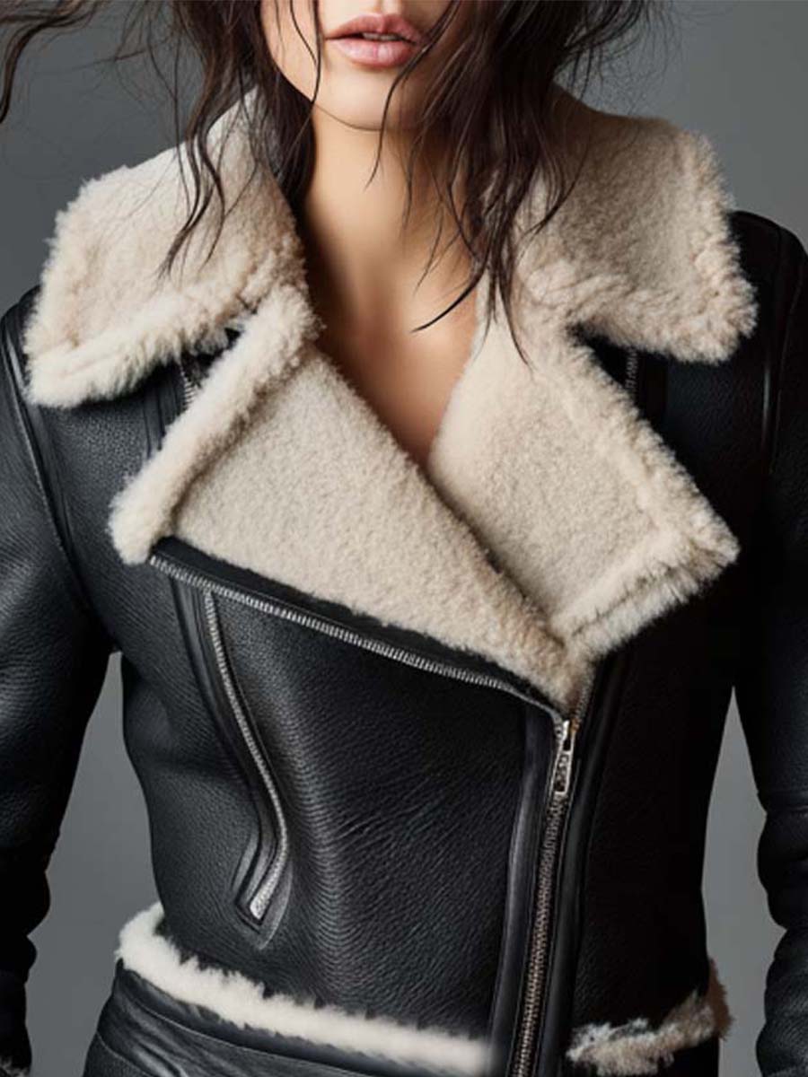 Faux Shearling Biker Jacket With Belted Cuffs