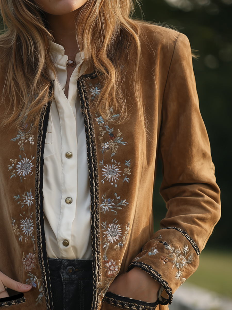 Vintage Floral Embroidered Crew Neck Eco-friendly Suede Jacket