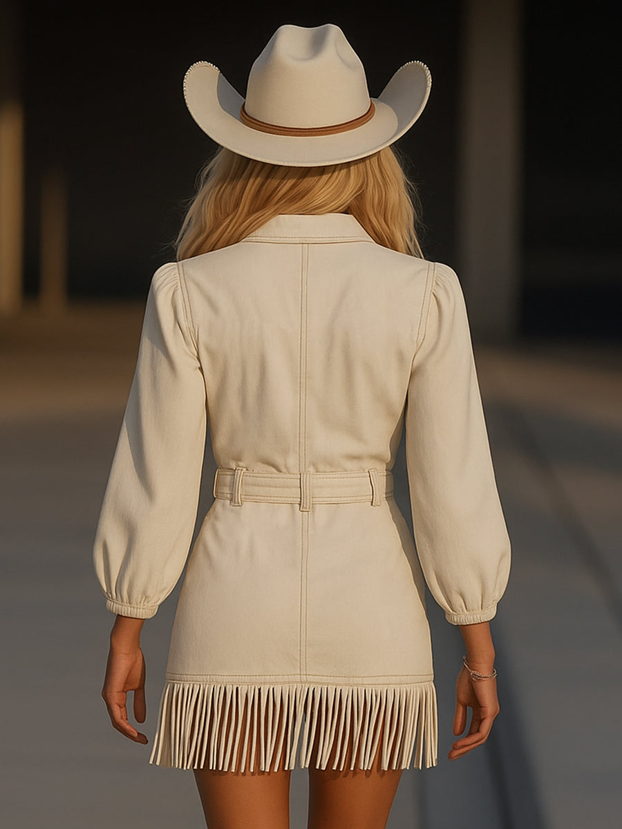 Retro High-end Fashion Tassel Splicing Denim Mini Dress