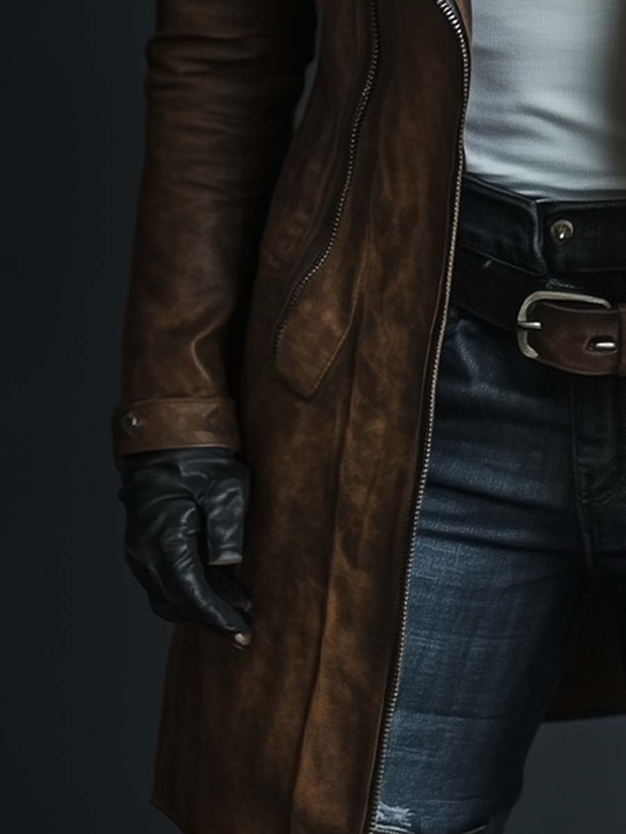 Women's Vintage Fur Collar Zipper Faux Leather Coat