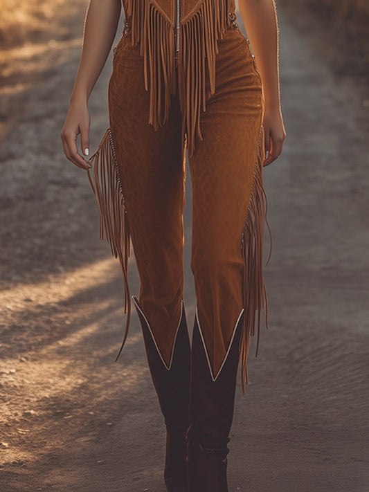 【24-hour shipping out】Western Fringed Brown Suede Vest Zip-Up Jumpsuit