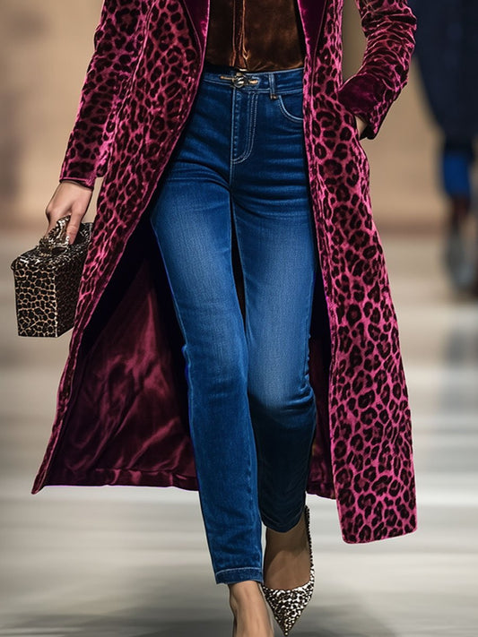 Casual Loose Vintage Velvet Leopard Print Colorblock Lapel Coat