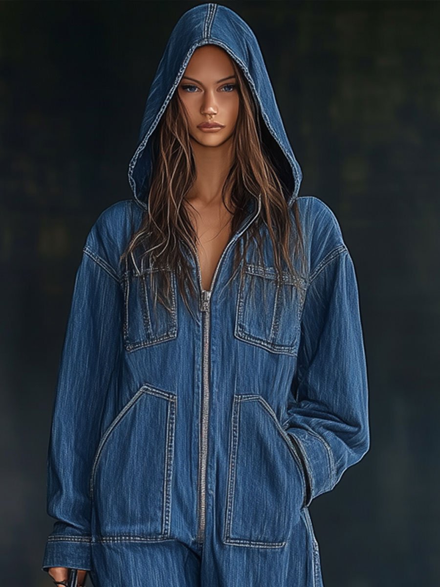 【24-hour shipping out】Casual Loose Retro Pocket Long Sleeve Hooded Zipper Denim Jumpsuit