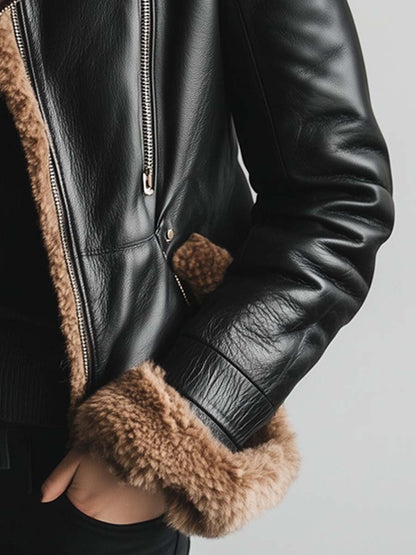 Women's Vintage Fur Collar Contrast Faux Leather Jacket