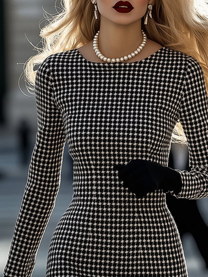 【24-hour shipping out】Retro Elegant High-End Round Neck Houndstooth Dress