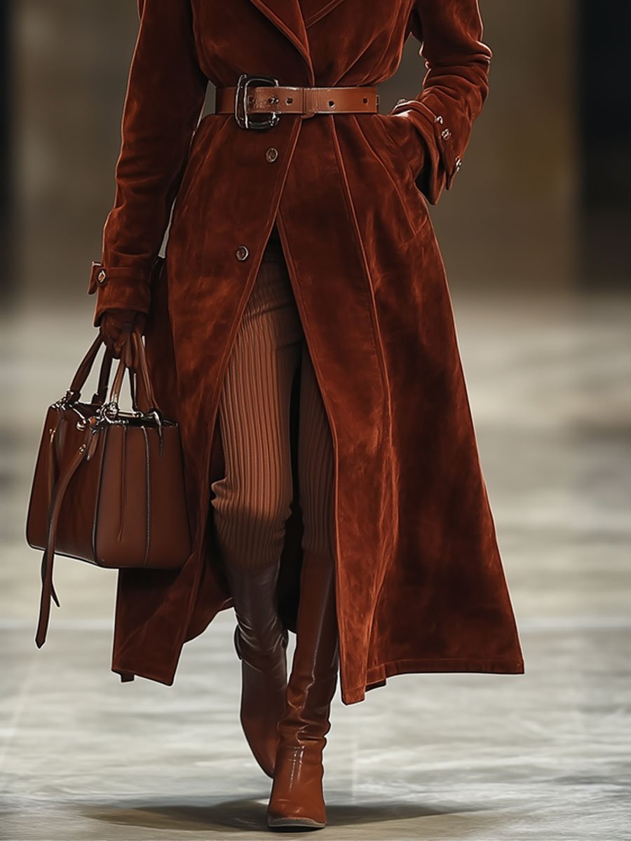 【24-hour shipping out】Casual Loose Vintage Angora Red Suede Pocket Lapel Extra Long Coat