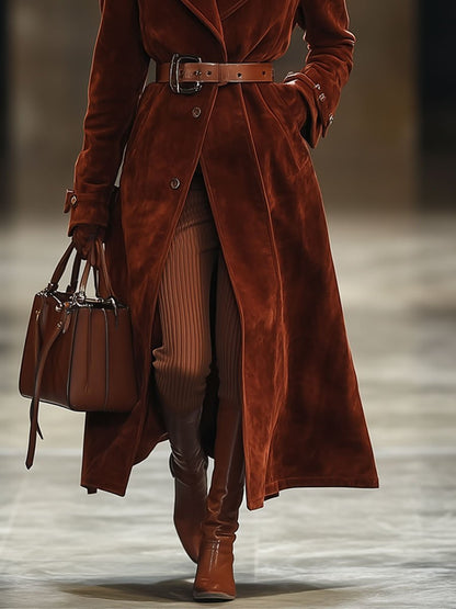 【24-hour shipping out】Casual Loose Vintage Angora Red Suede Pocket Lapel Extra Long Coat