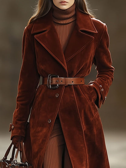 【24-hour shipping out】Casual Loose Vintage Angora Red Suede Pocket Lapel Extra Long Coat