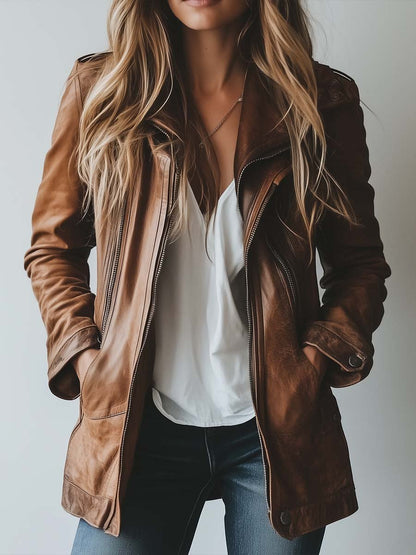 Women's Vintage Lapel Zipper Faux Leather Jacket