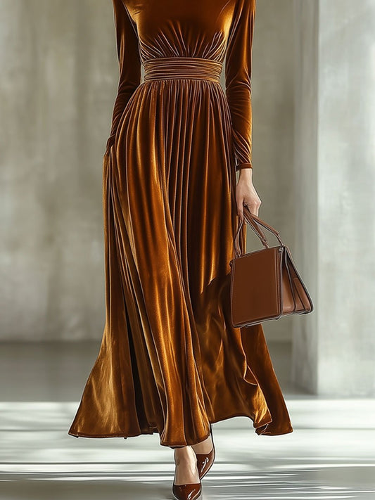 【24-hour shipping out】Solid Color Simple Party Long Sleeve Half Turtleneck Maxi Dress