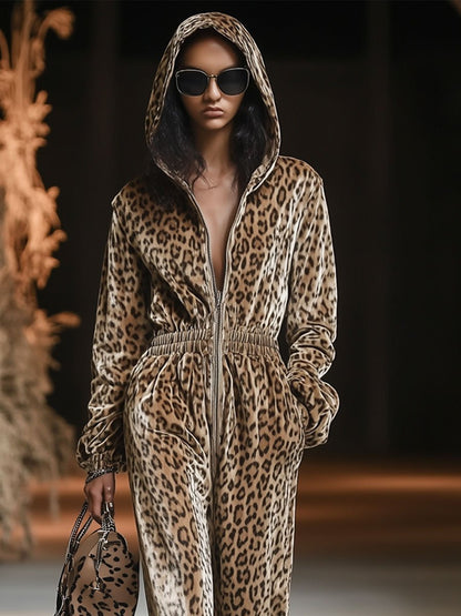【24-hour shipping out】Casual Loose Vintage Velvet Leopard Print Zipper Hooded Jumpsuit