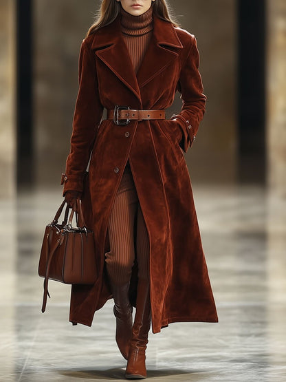 【24-hour shipping out】Casual Loose Vintage Angora Red Suede Pocket Lapel Extra Long Coat