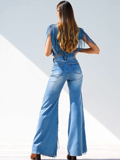 Trendy Retro Tassel Flared Jeans